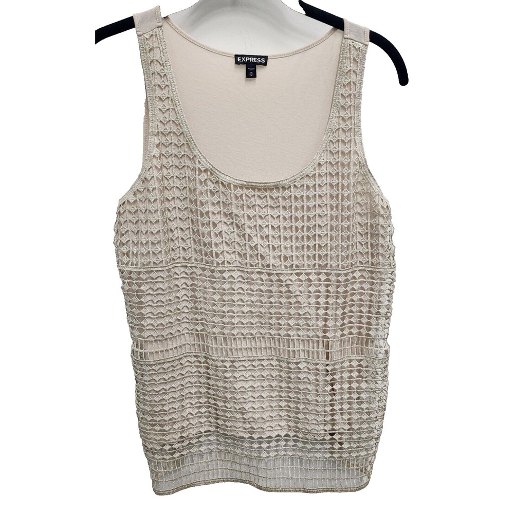 Express Crochet Tank Top Womens Medium Beige Metallic Fairy Ethereal Sleeveless